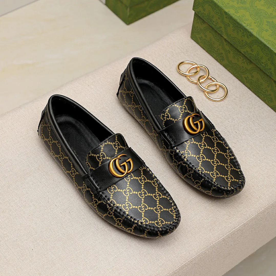 Black Leather Shoes Gold Print Slip-On Loafers