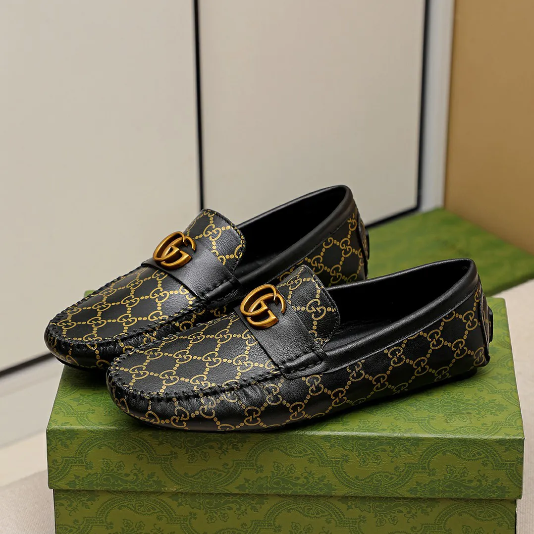 Black Leather Shoes Gold Print Slip-On Loafers
