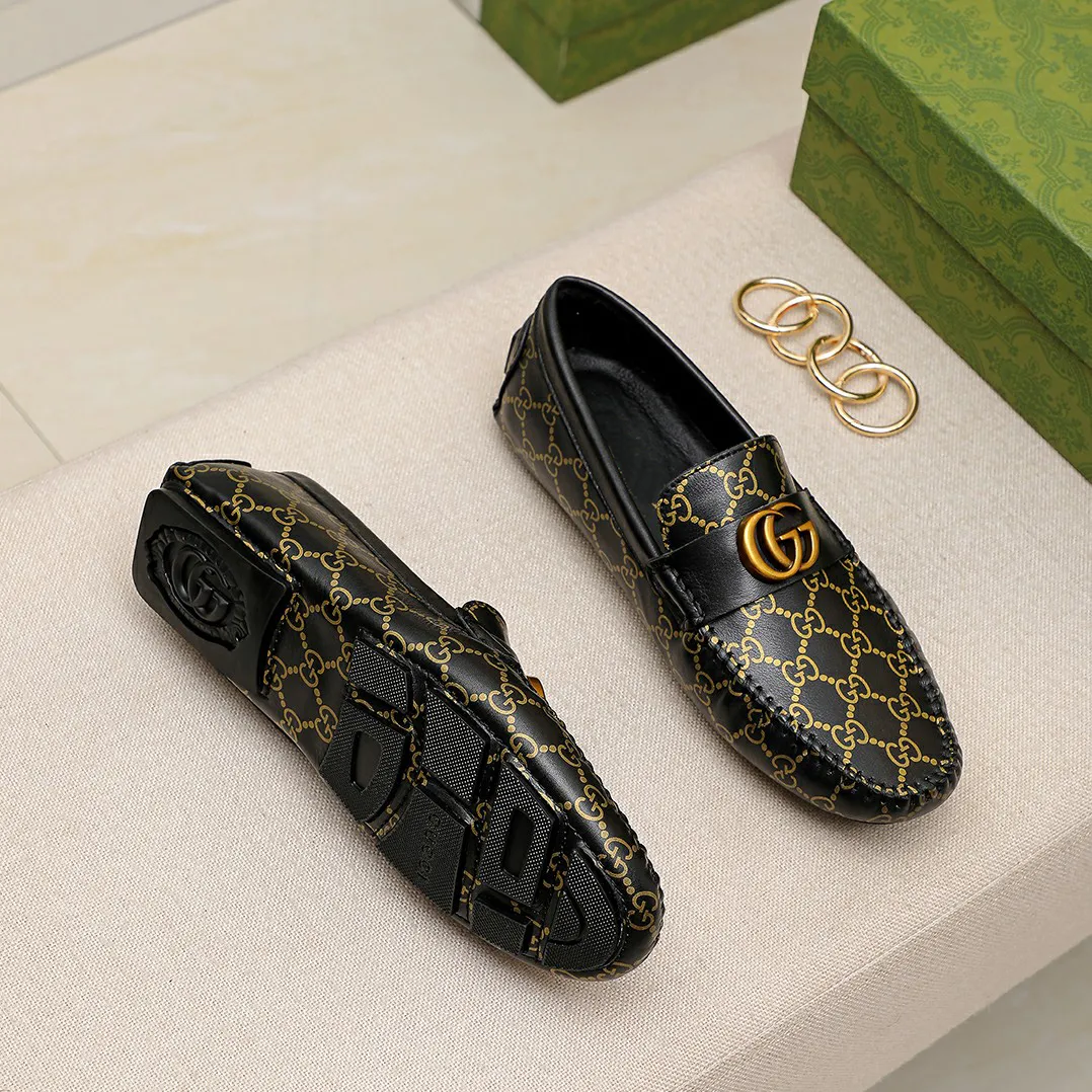 Black Leather Shoes Gold Print Slip-On Loafers