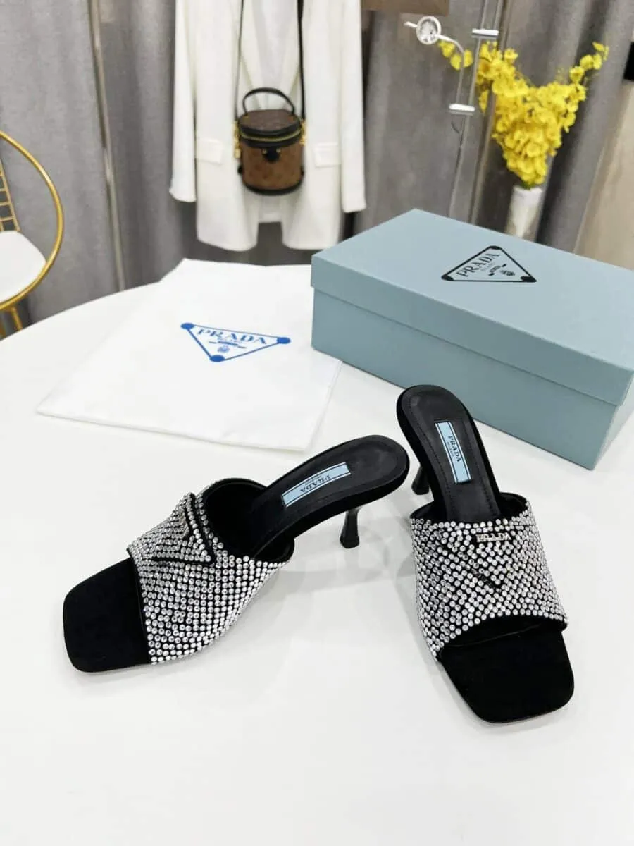 Satin Heeled Sandals With Crystals Silver