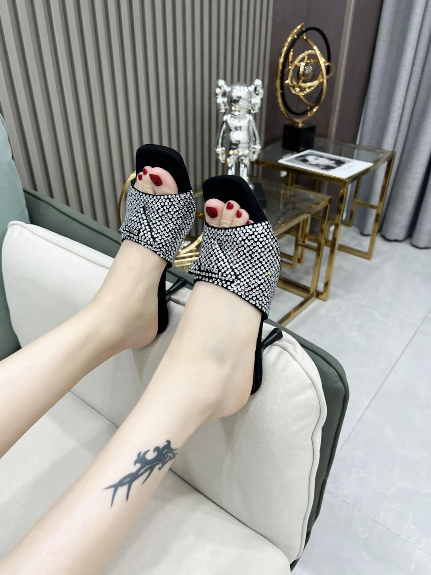 Satin Heeled Sandals With Crystals Silver