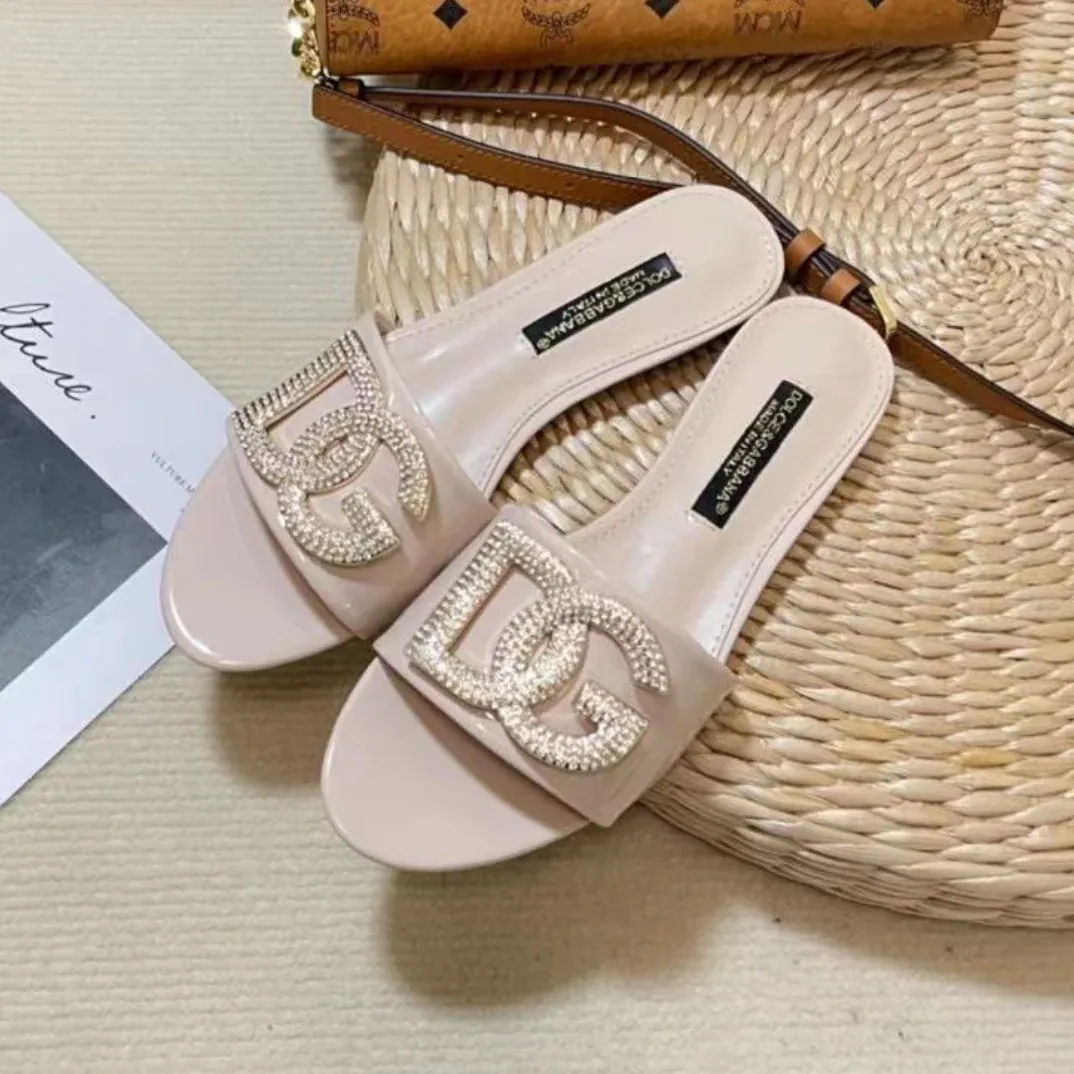 New Open Toe Flat Rhinestone Beach Slippers