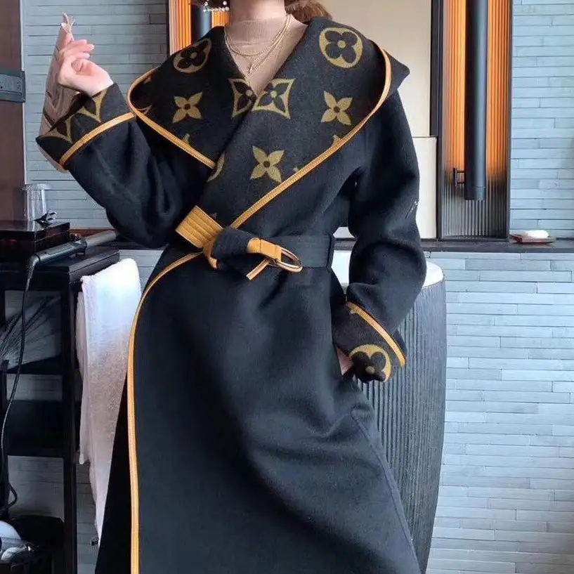 New autumn and winter woolen coat women's belt waist slimming hooded trench coat print coat women