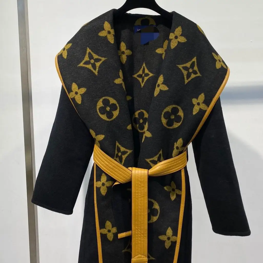 New autumn and winter woolen coat women's belt waist slimming hooded trench coat print coat women