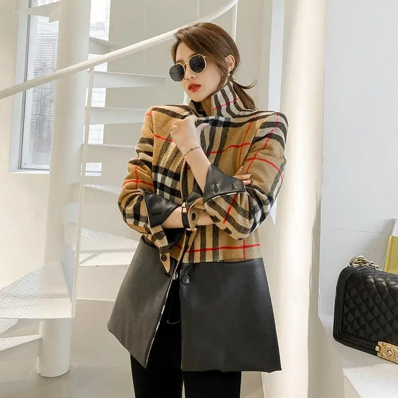 New Fashion Long Sleeved Plaid Woolen Jacket