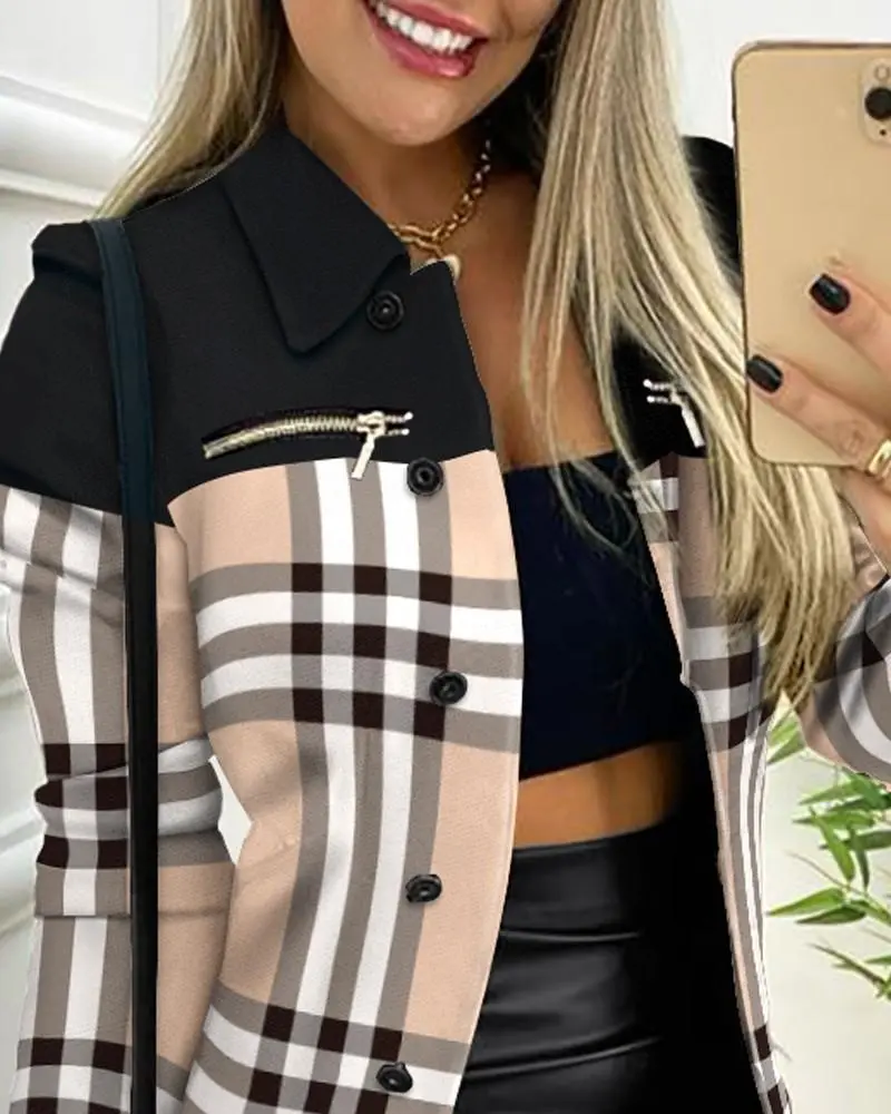 New Fashion Long Sleeved Zipper Color Blocking Print
