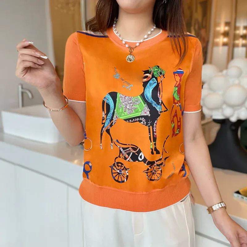 New Fashion Round Neck Printed Knitted Short Sleeves