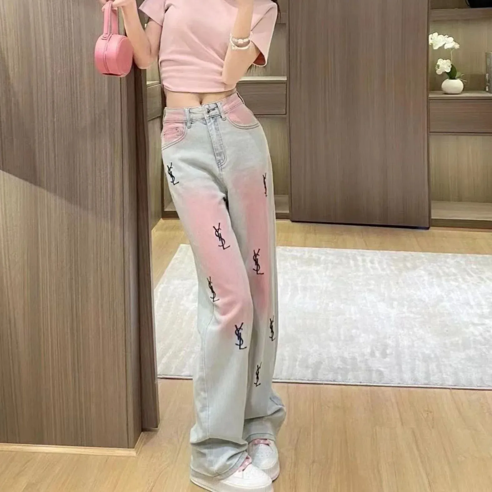New High Waist Retro Trousers Gradient Pink Straight Jeans
