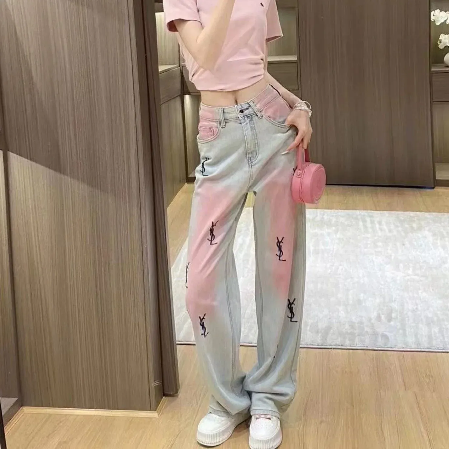 New High Waist Retro Trousers Gradient Pink Straight Jeans