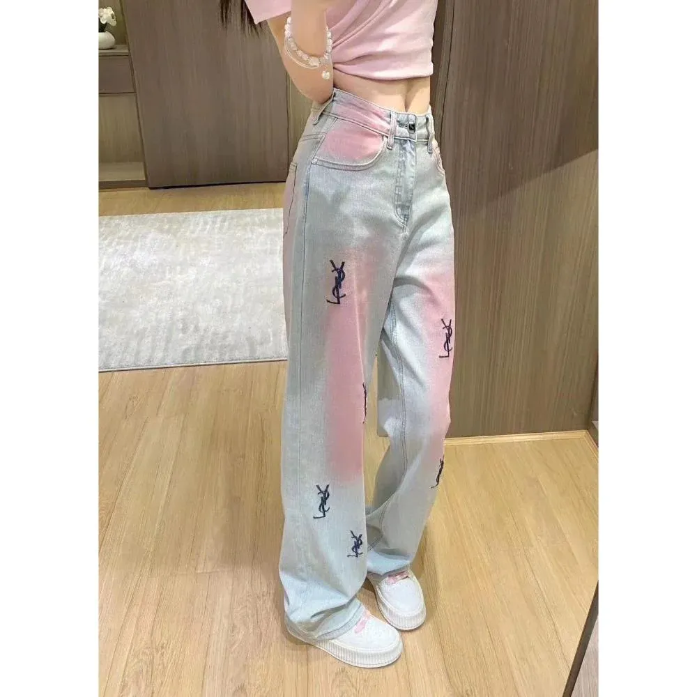 New High Waist Retro Trousers Gradient Pink Straight Jeans