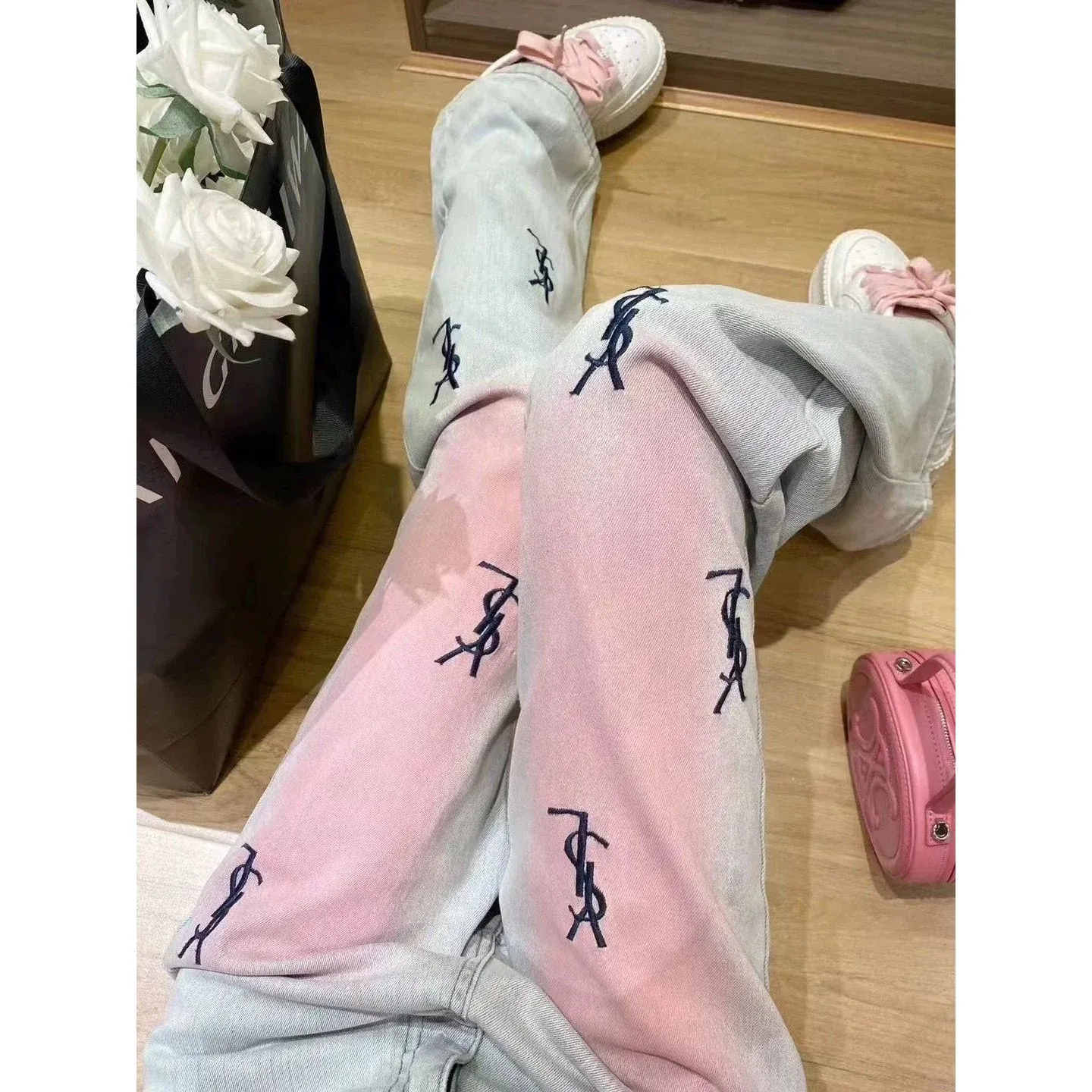 New High Waist Retro Trousers Gradient Pink Straight Jeans