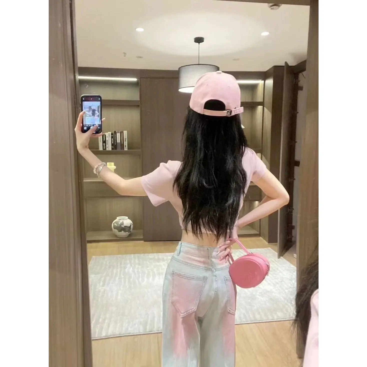 New High Waist Retro Trousers Gradient Pink Straight Jeans