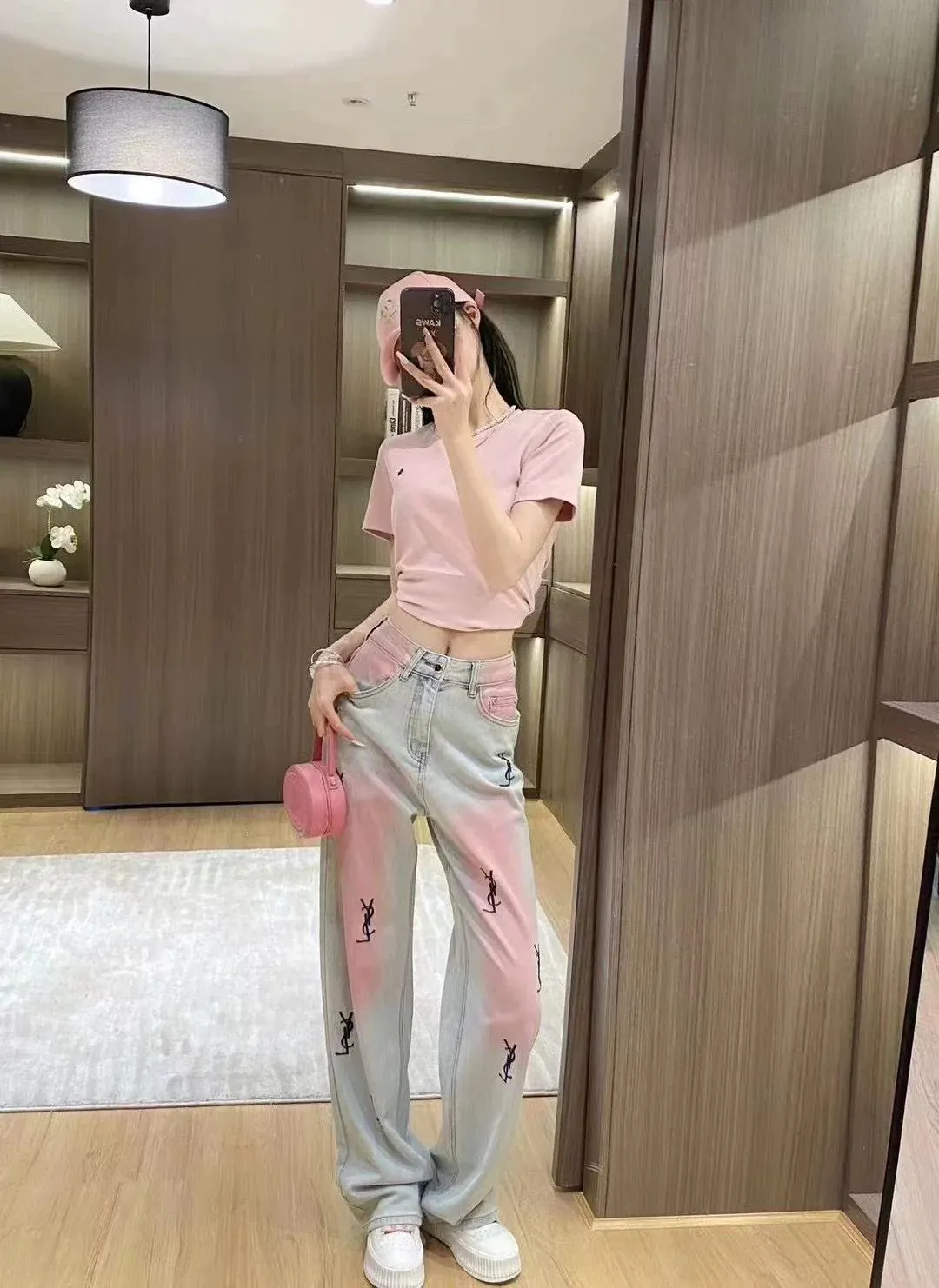 New High Waist Retro Trousers Gradient Pink Straight Jeans