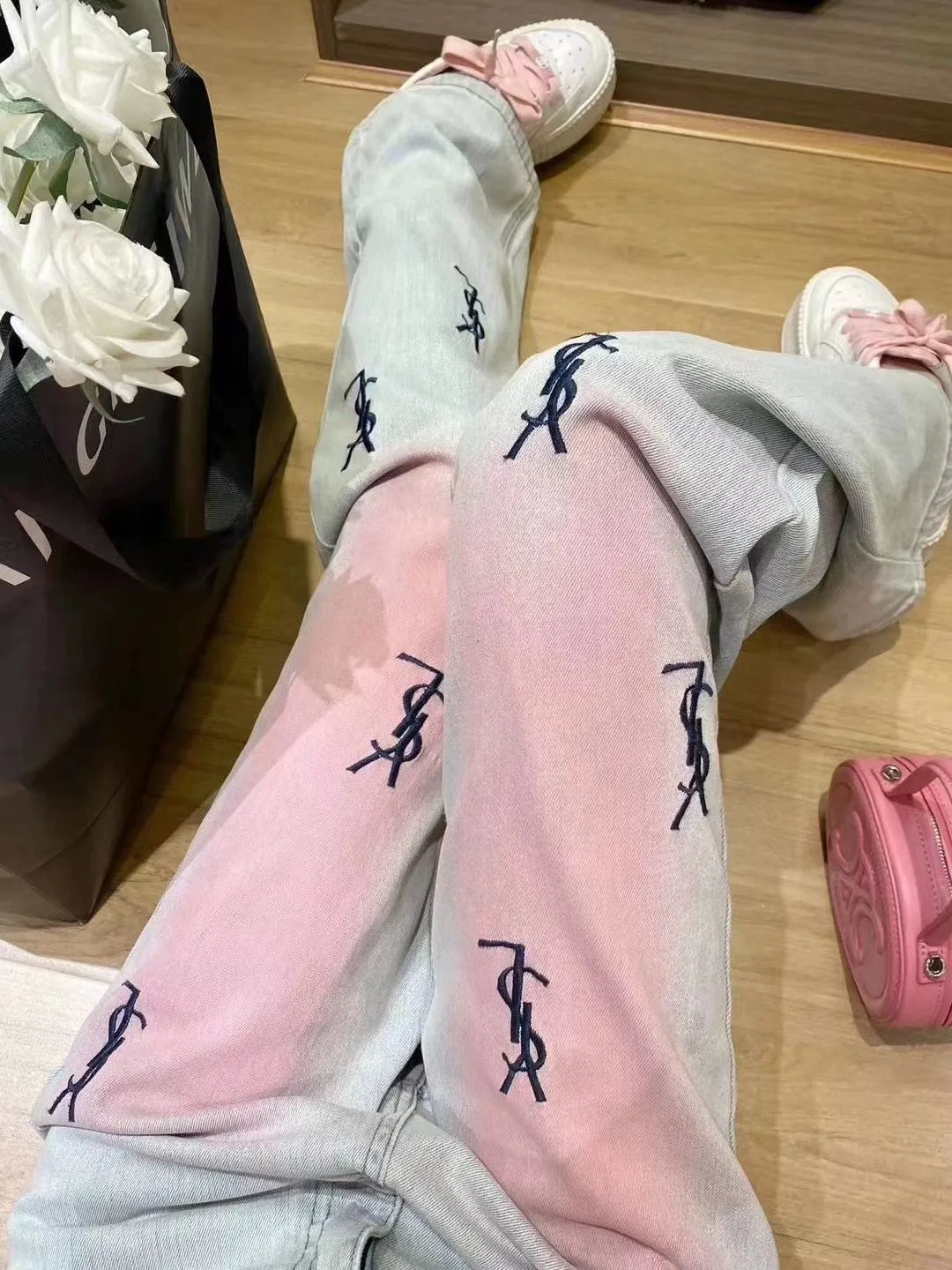New High Waist Retro Trousers Gradient Pink Straight Jeans