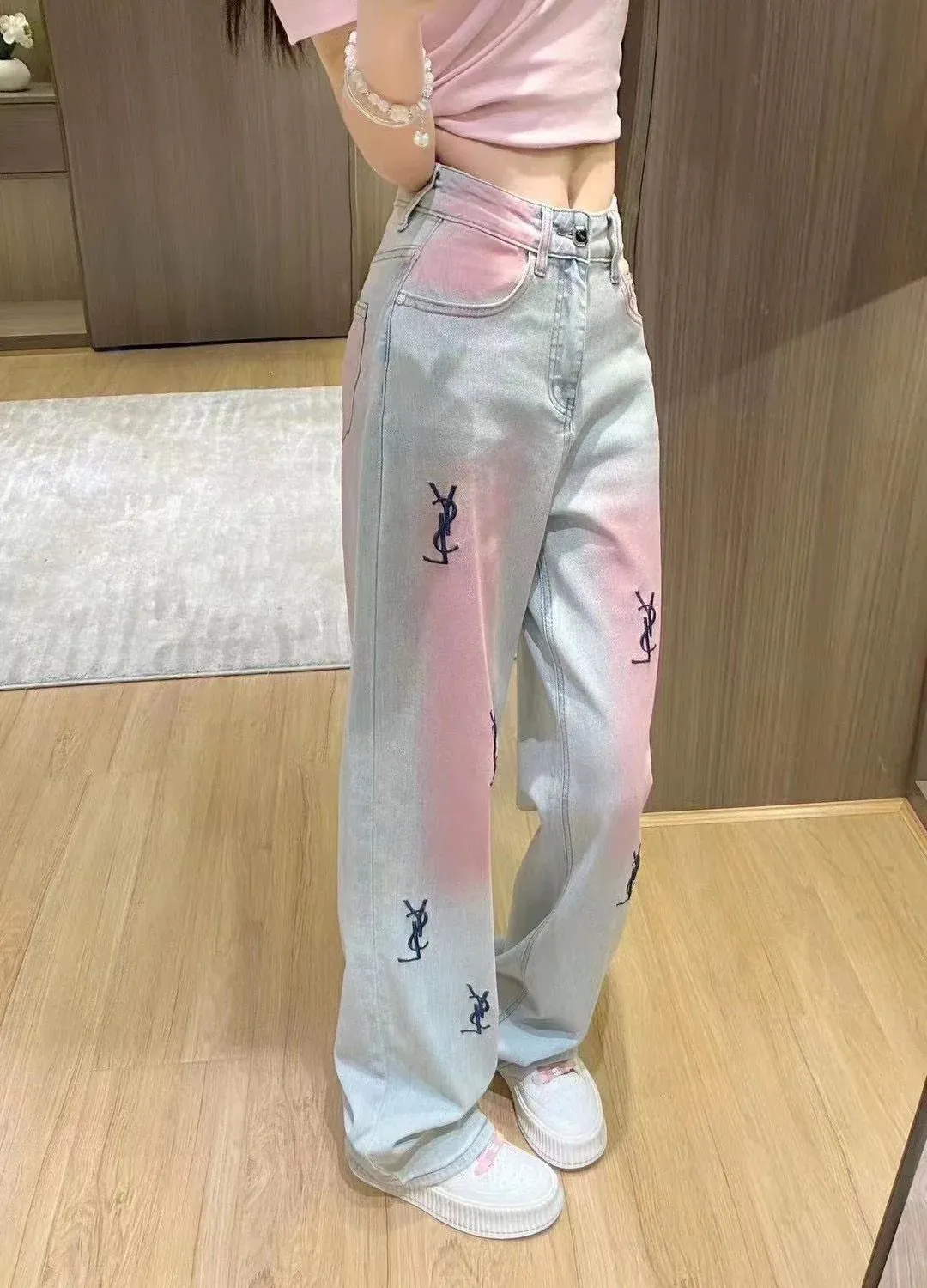 New High Waist Retro Trousers Gradient Pink Straight Jeans