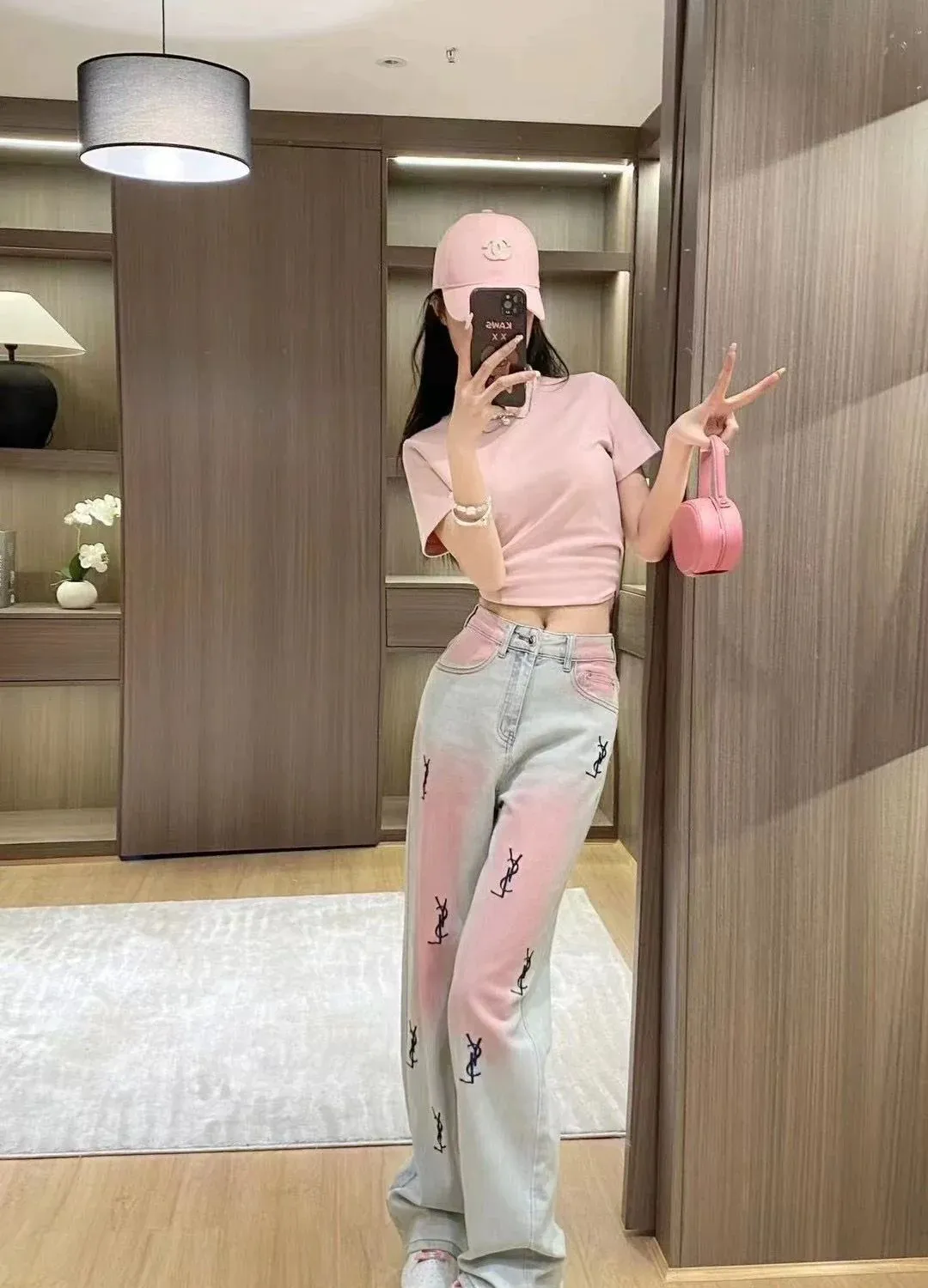 New High Waist Retro Trousers Gradient Pink Straight Jeans