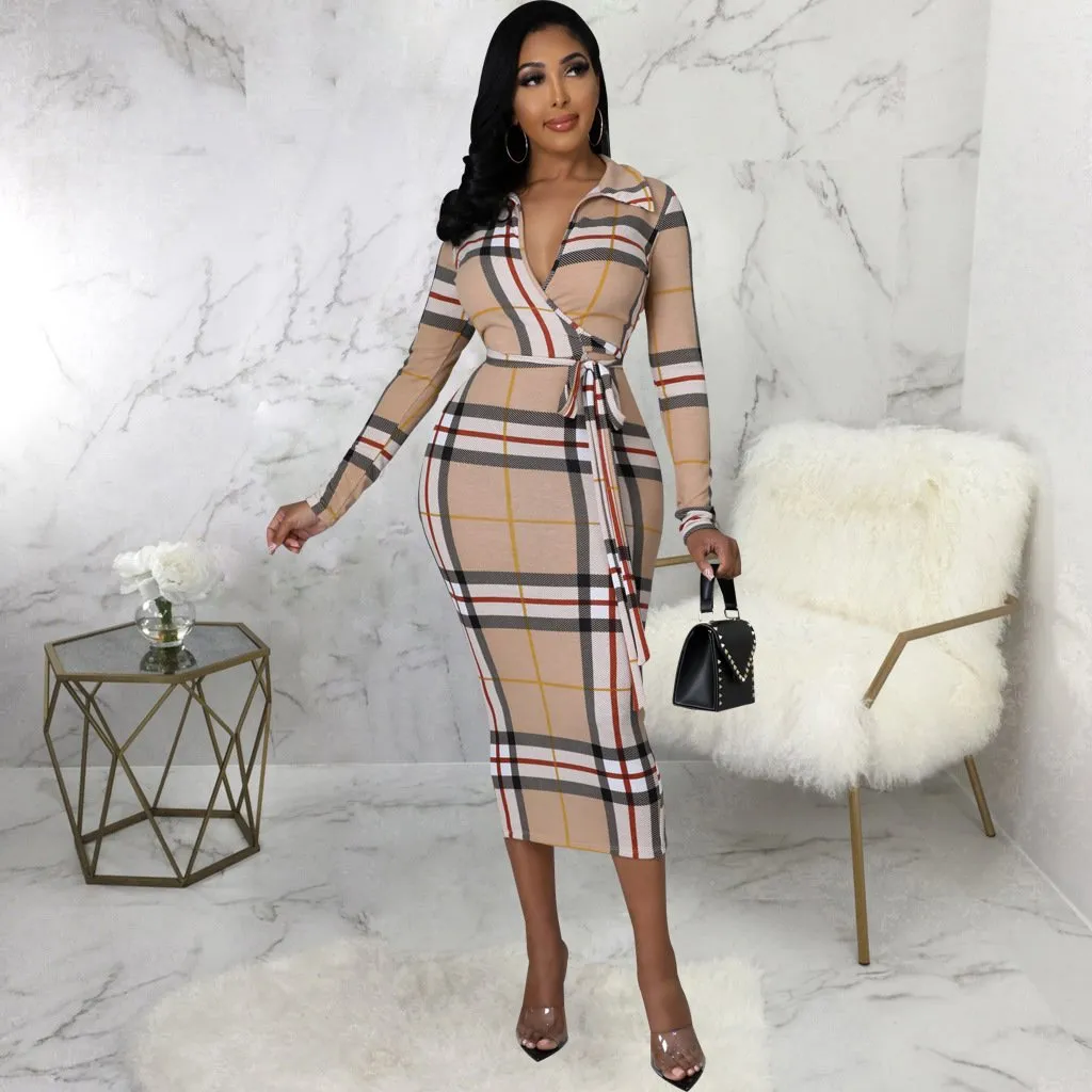 Fashion Long Sleeved Striped V-neck Wrapped Hip Dress