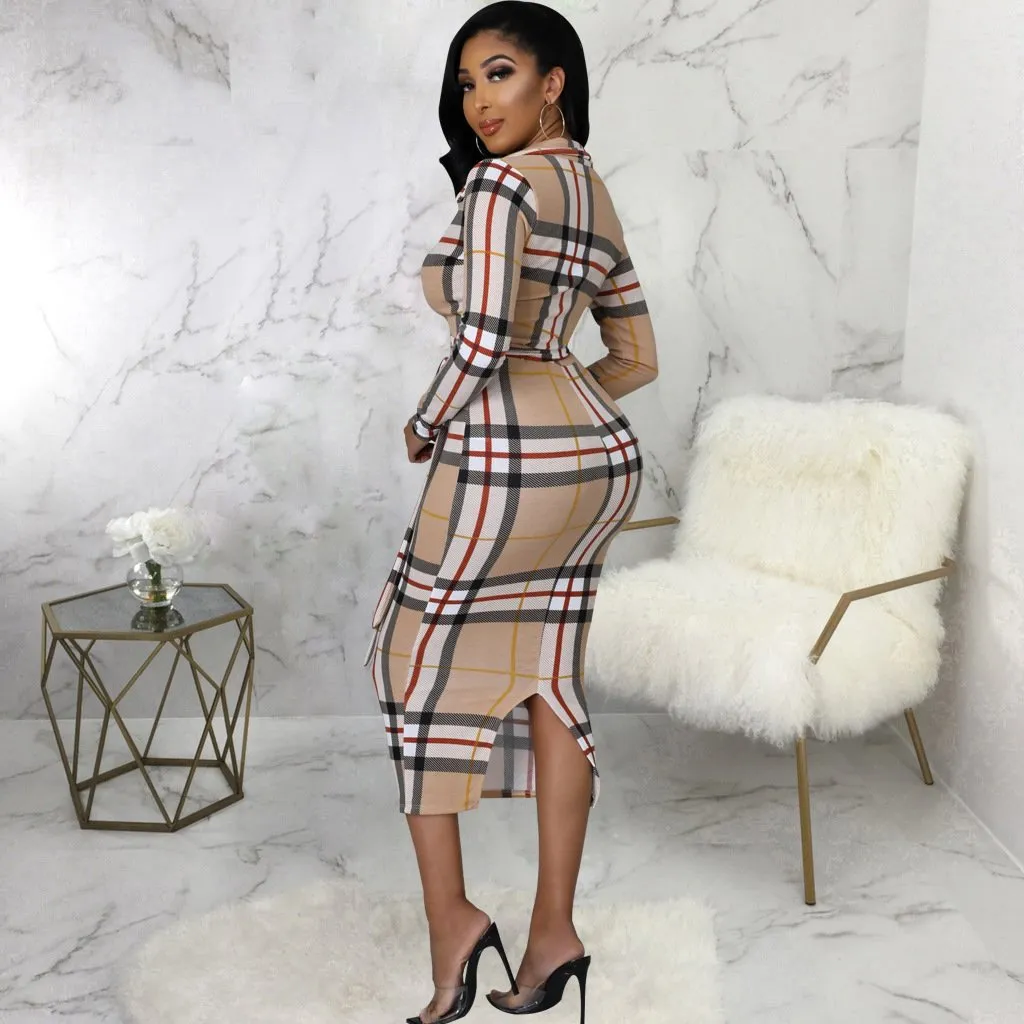 Fashion Long Sleeved Striped V-neck Wrapped Hip Dress