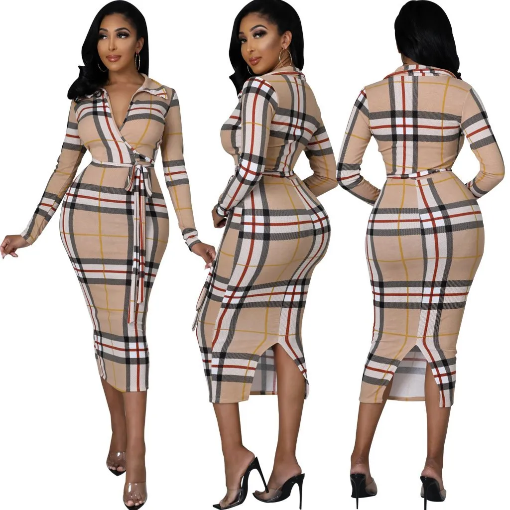 Fashion Long Sleeved Striped V-neck Wrapped Hip Dress
