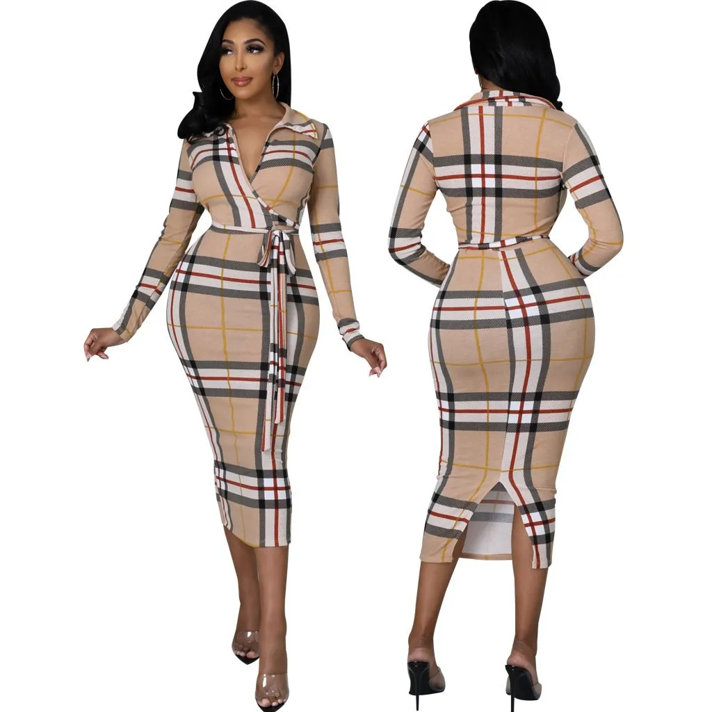 Fashion Long Sleeved Striped V-neck Wrapped Hip Dress