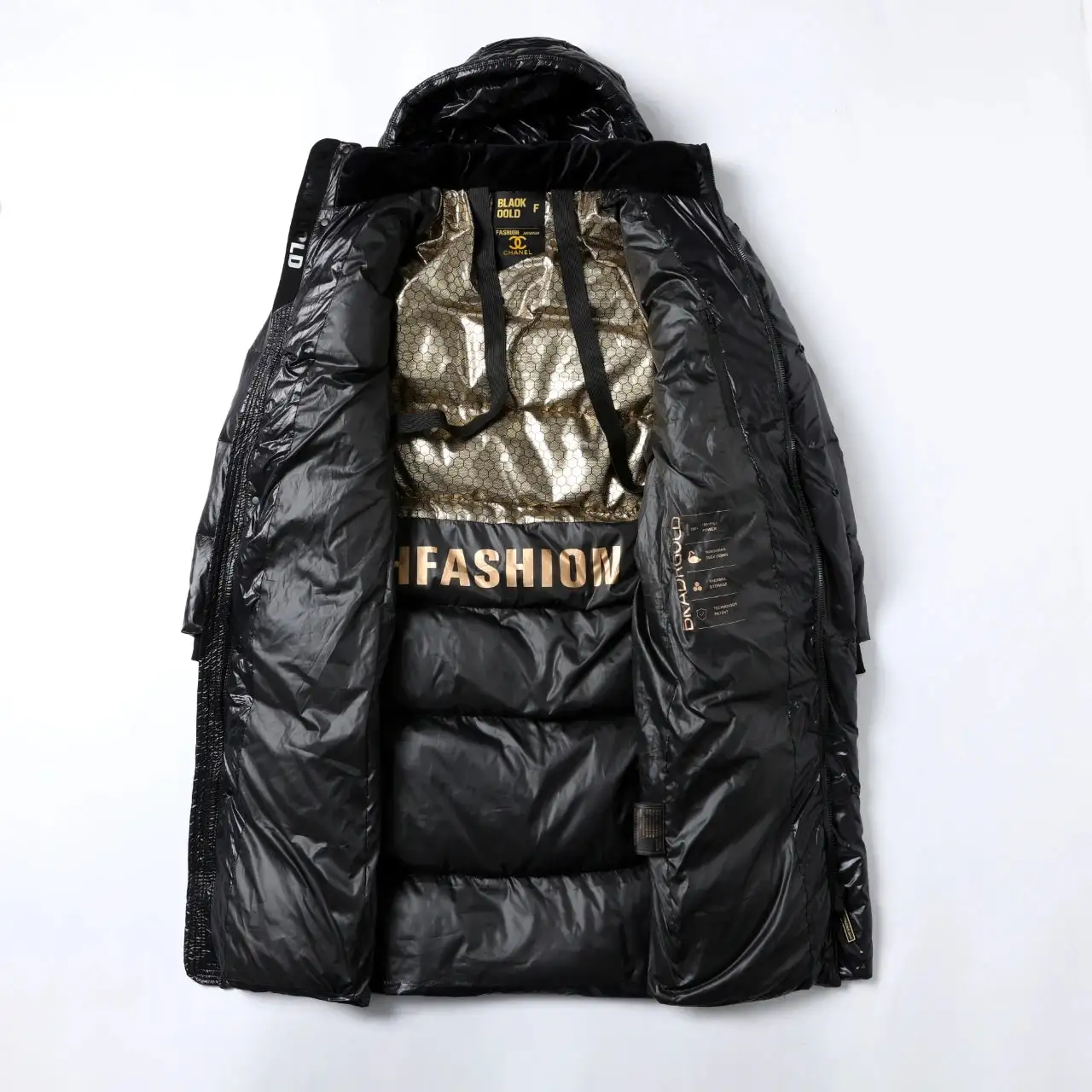 Black gold mid-length hooded down jacket