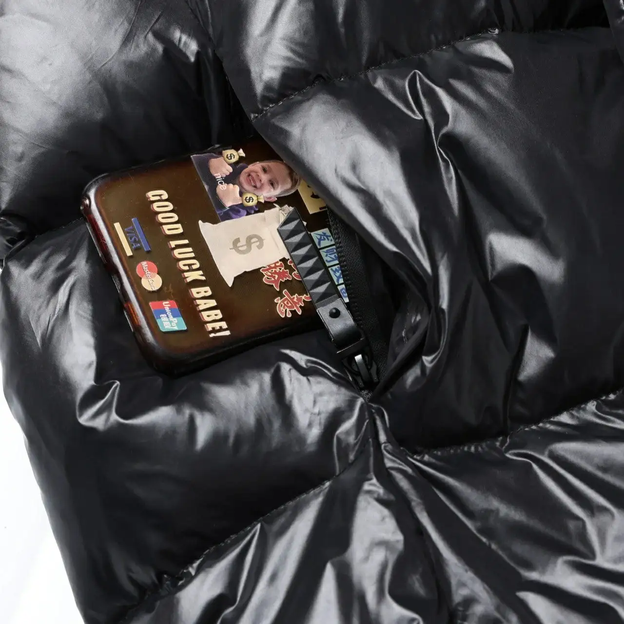 Black gold mid-length hooded down jacket