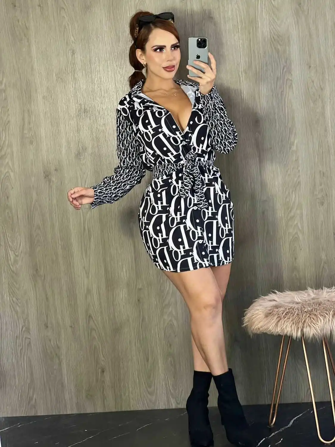 Fashionable printed casual shirt dress