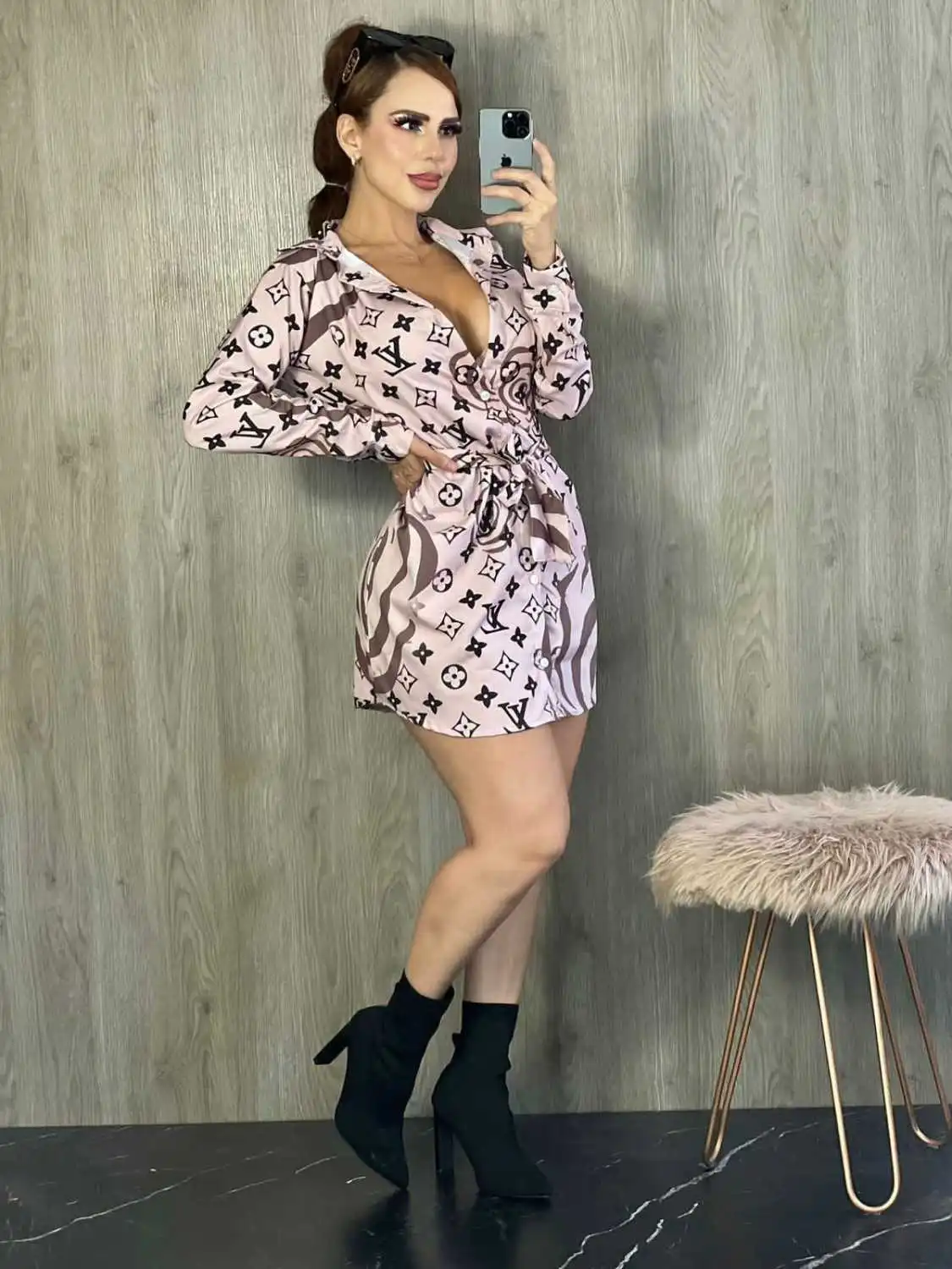 Fashionable printed casual shirt dress