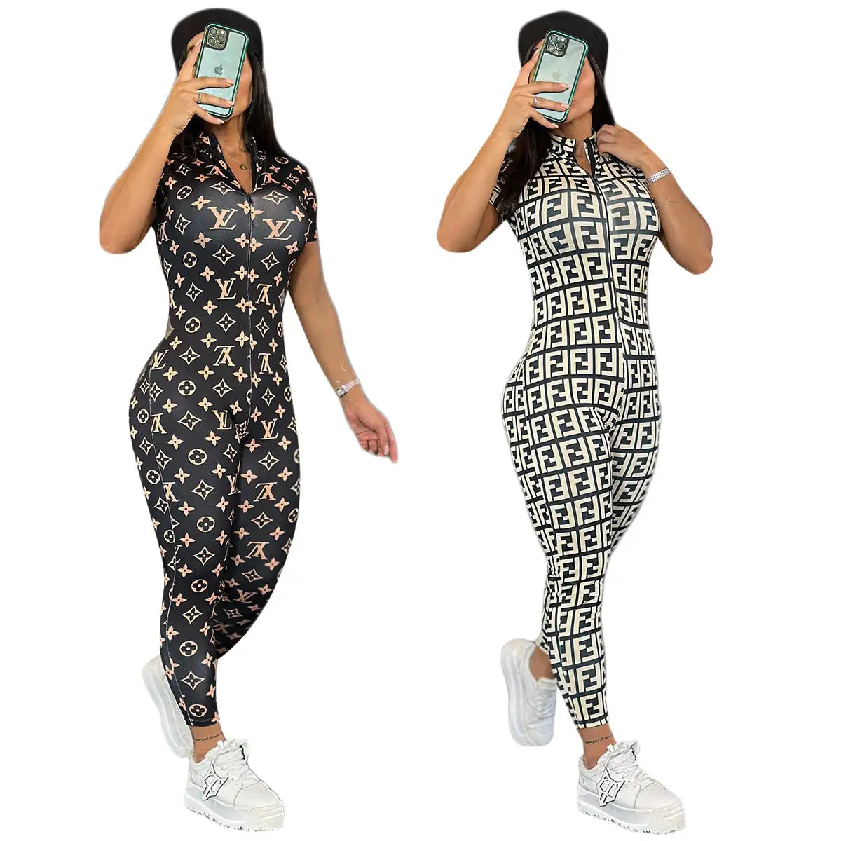 Trendy Printed Short Sleeve Zipper Women's Sexy Tight Stretch Jumpsuit