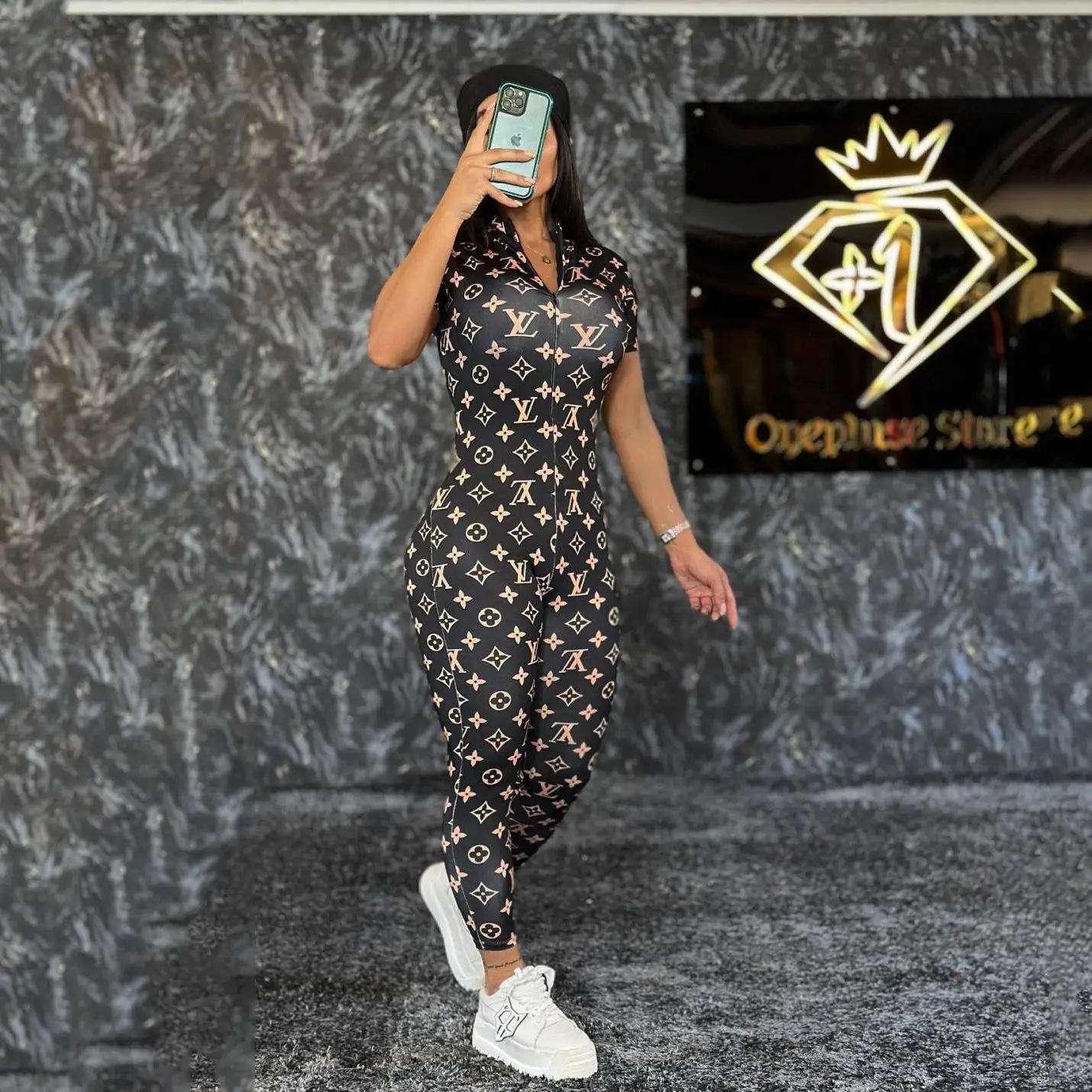 Trendy Printed Short Sleeve Zipper Women's Sexy Tight Stretch Jumpsuit