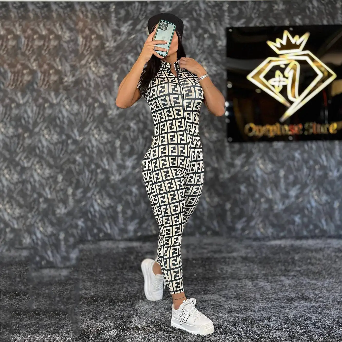 Trendy Printed Short Sleeve Zipper Women's Sexy Tight Stretch Jumpsuit