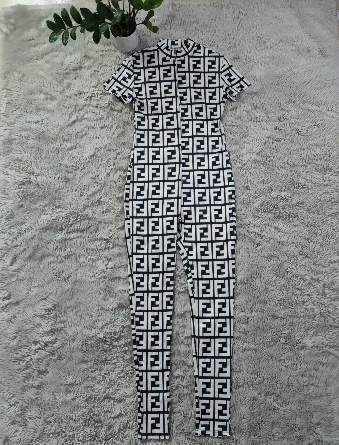 Trendy Printed Short Sleeve Zipper Women's Sexy Tight Stretch Jumpsuit