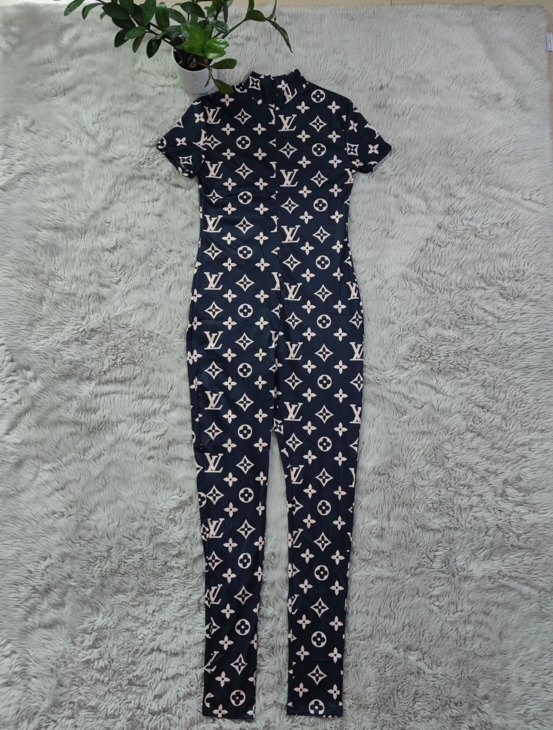 Trendy Printed Short Sleeve Zipper Women's Sexy Tight Stretch Jumpsuit