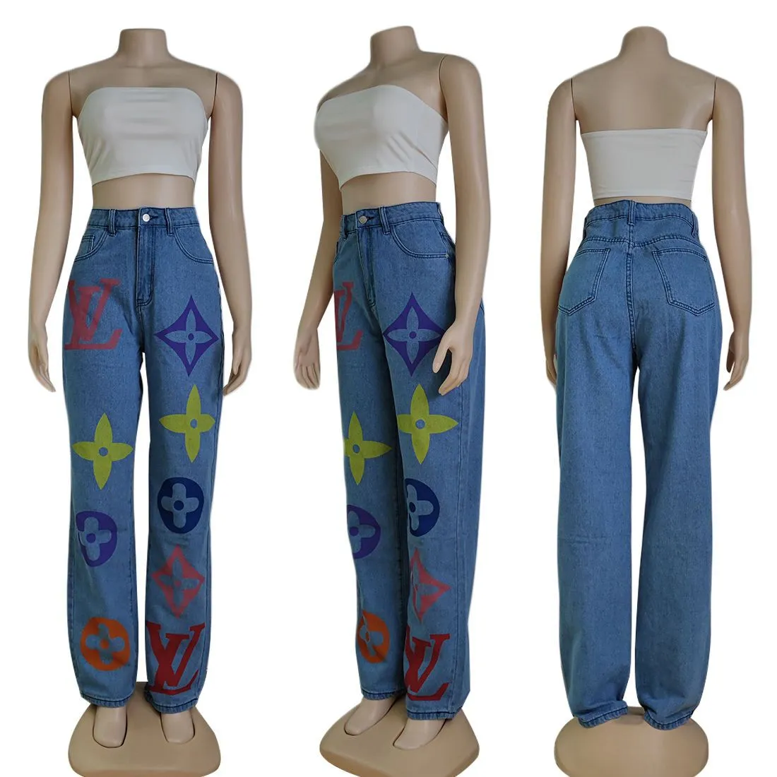 Casual versatile denim high waist blue washed trousers jeans