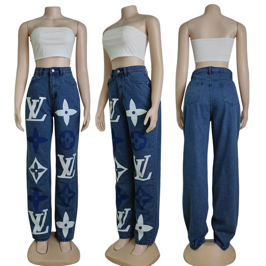 Casual versatile denim high waist blue washed trousers jeans