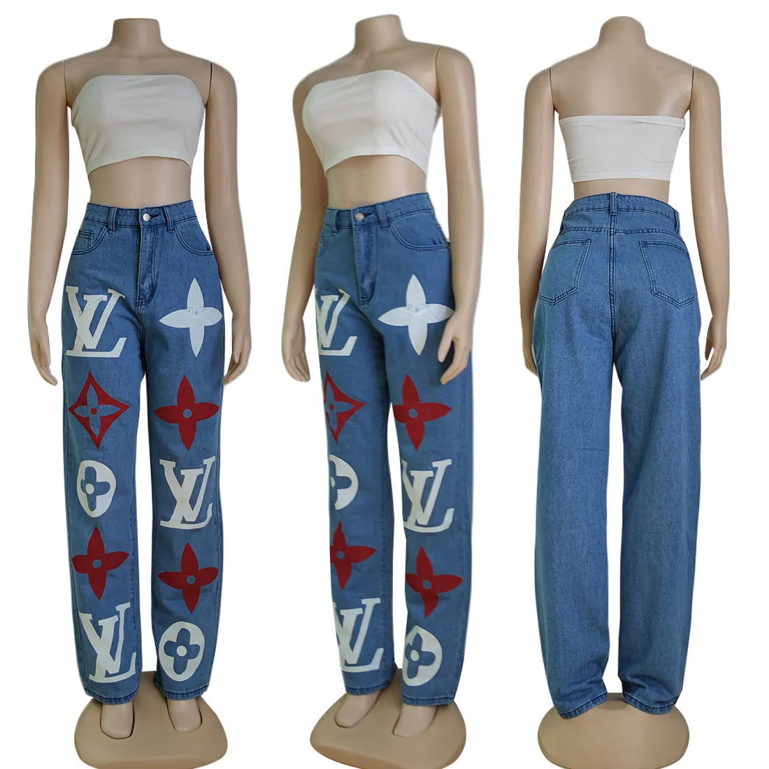 Casual versatile denim high waist blue washed trousers jeans