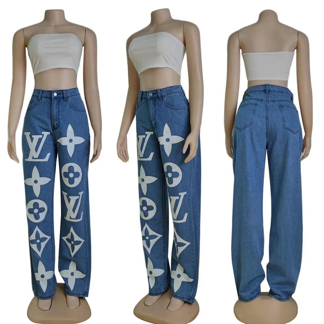 Casual versatile denim high waist blue washed trousers jeans