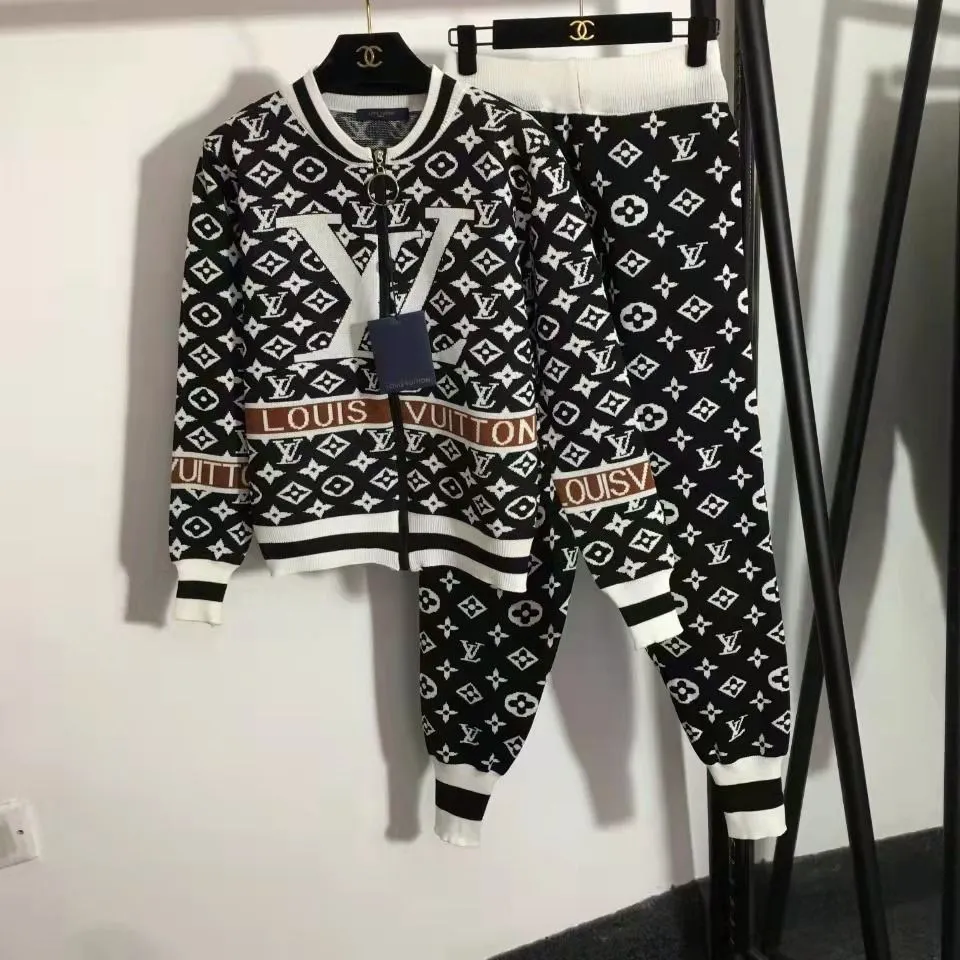 Fashion casual suit stitching knitted sweater leggings two-piece set