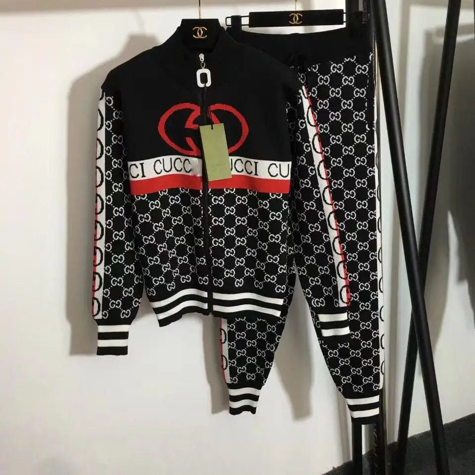 New fashion knitted casual cardigan hooded letter top + knitted pencil pants two-piece suit