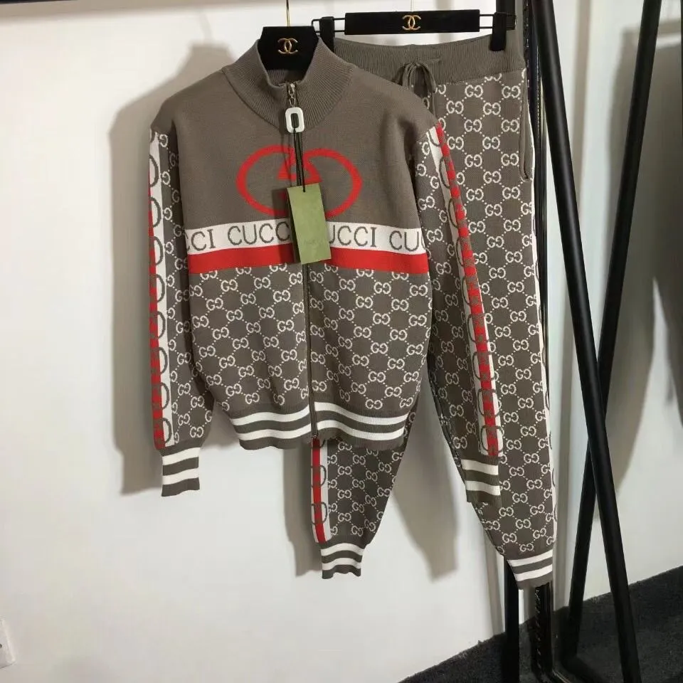 New fashion knitted casual cardigan hooded letter top + knitted pencil pants two-piece suit