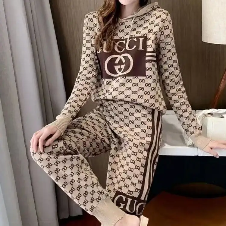 New fashion knitted casual cardigan hooded letter top + knitted pencil pants two-piece suit