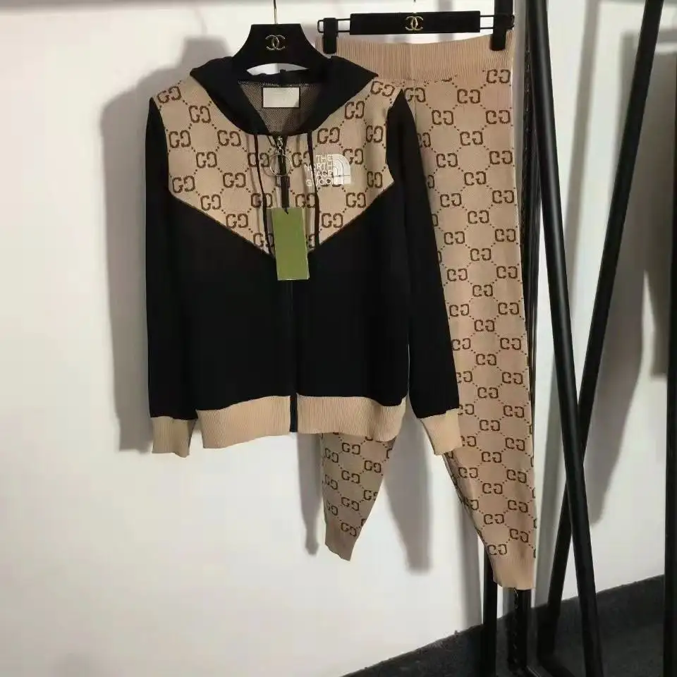 New fashion knitted casual cardigan hooded letter top + knitted pencil pants two-piece suit