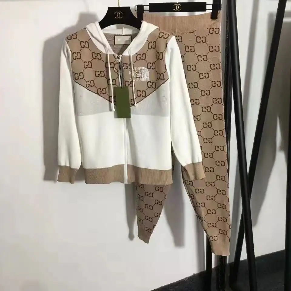 New fashion knitted casual cardigan hooded letter top + knitted pencil pants two-piece suit