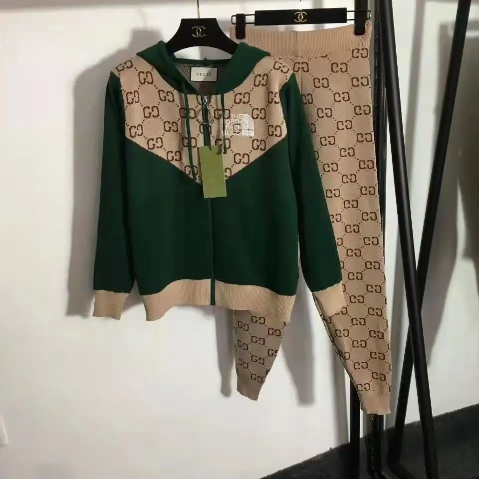 New fashion knitted casual cardigan hooded letter top + knitted pencil pants two-piece suit