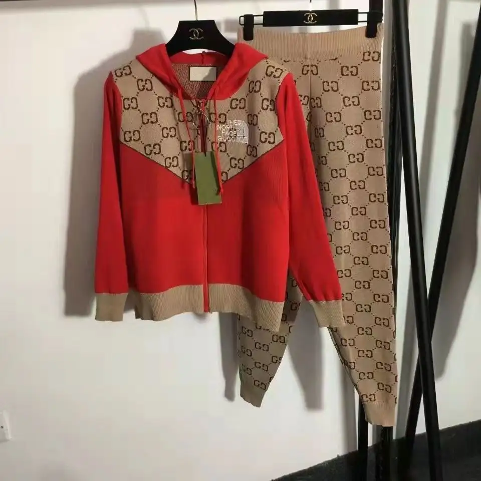 New fashion knitted casual cardigan hooded letter top + knitted pencil pants two-piece suit