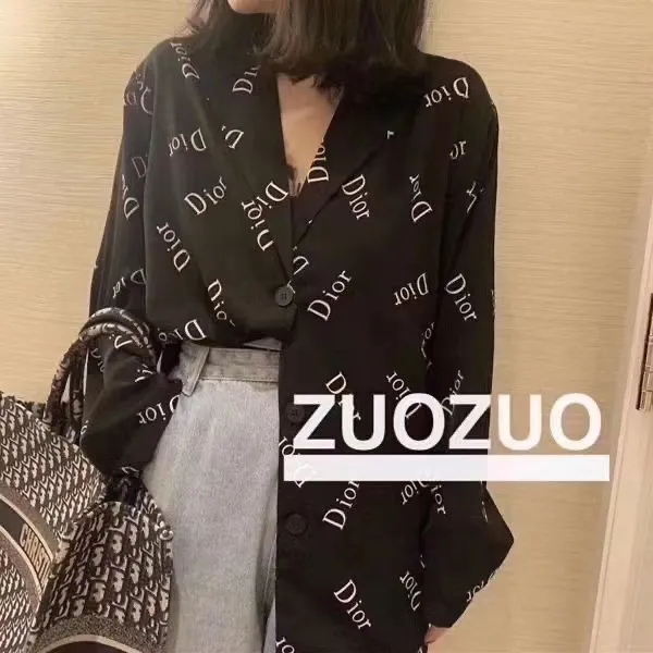 spring new net red women's fashion solid color printed chiffon long-sleeved top clothes fashion