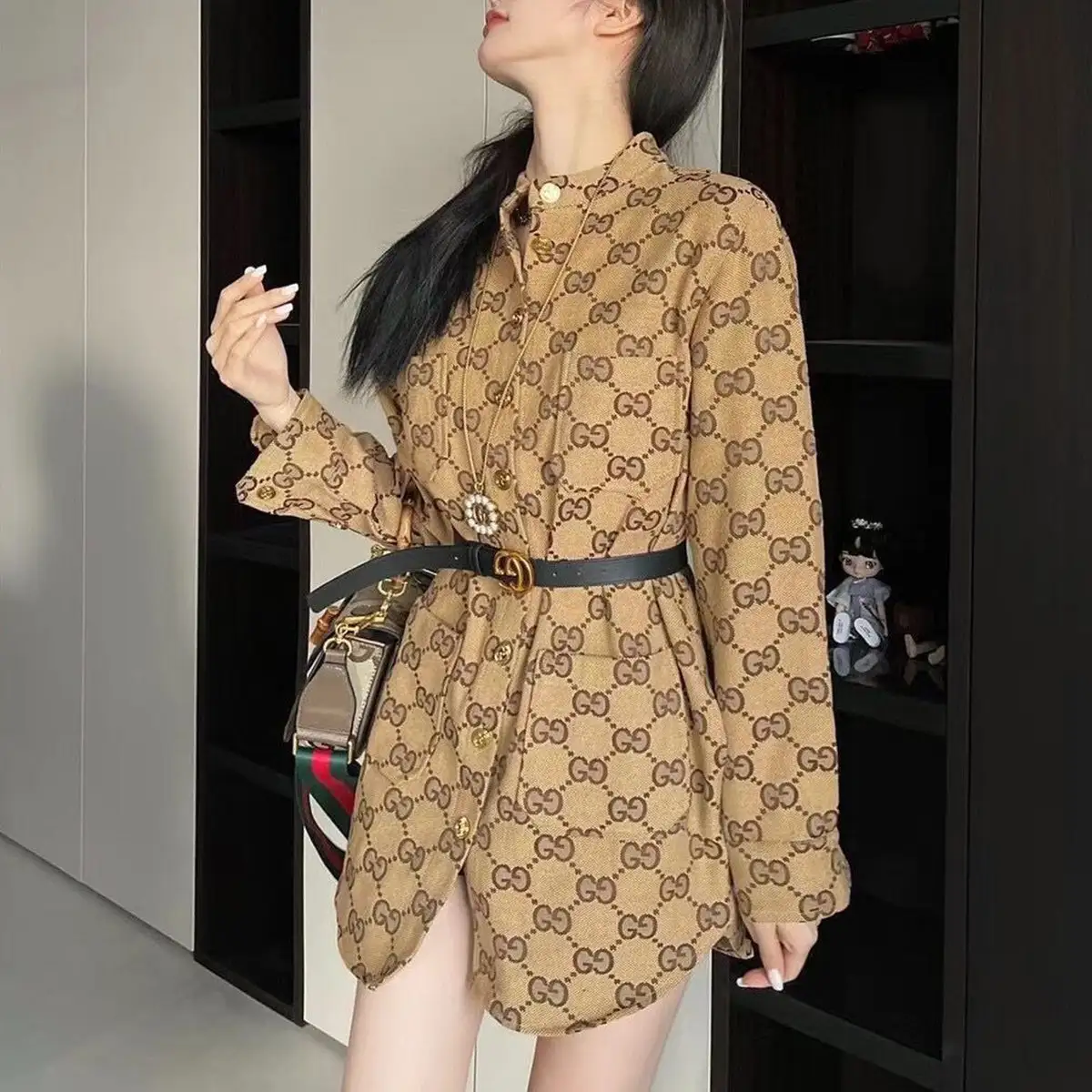 Standing collar retro long shirt jacket with belt