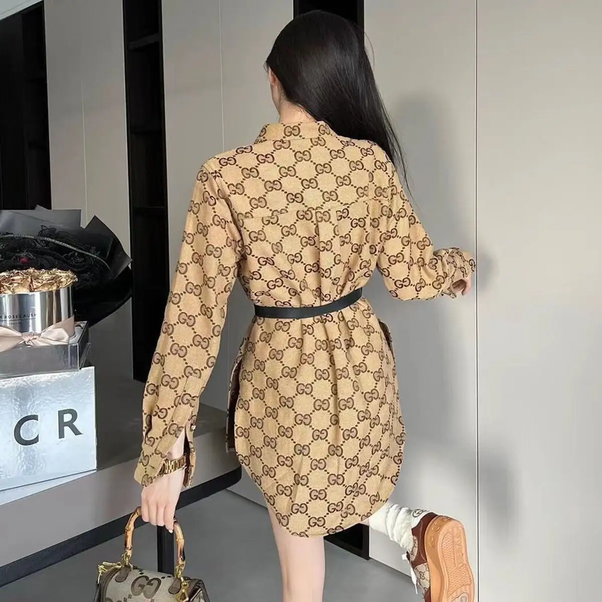 Standing collar retro long shirt jacket with belt