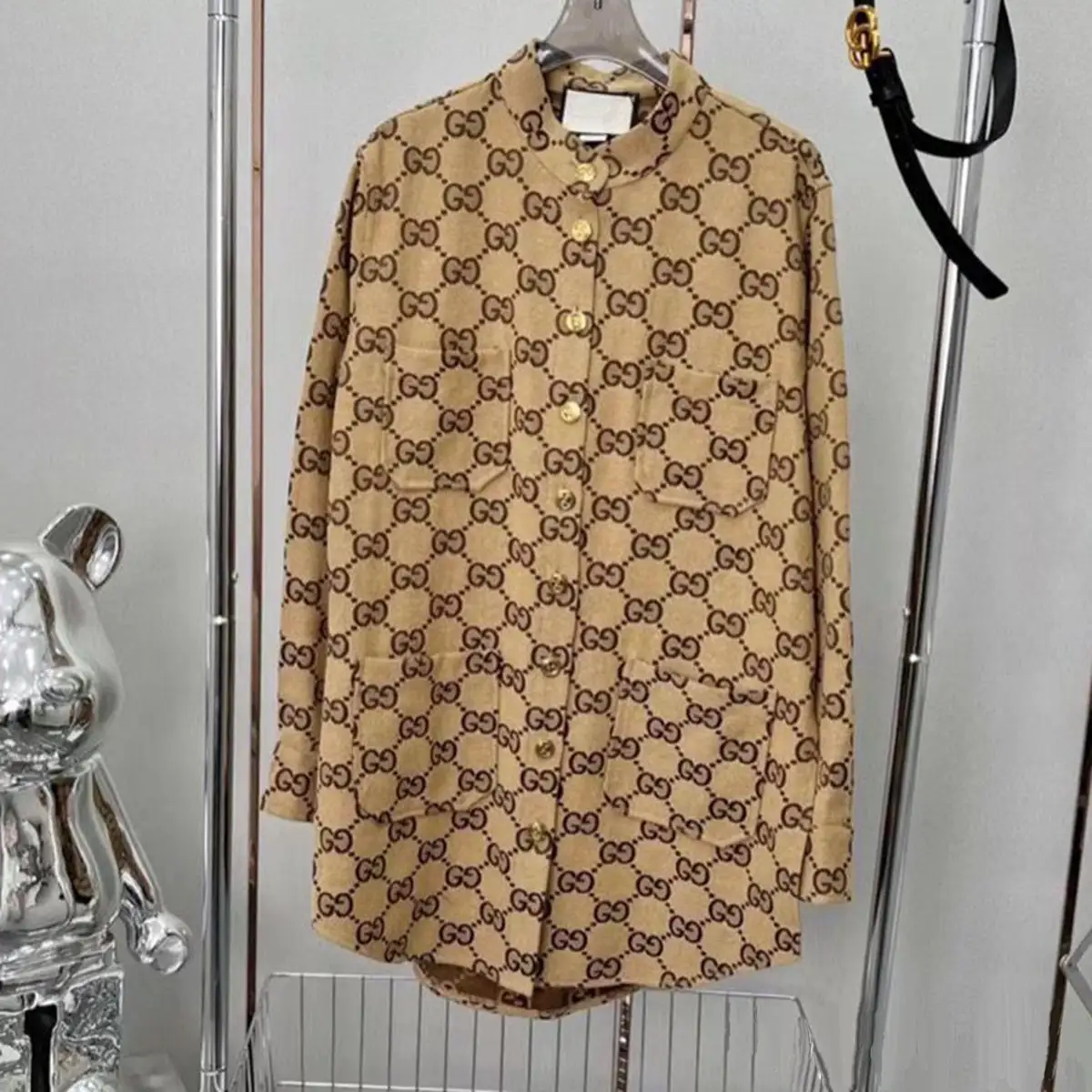 Standing collar retro long shirt jacket with belt