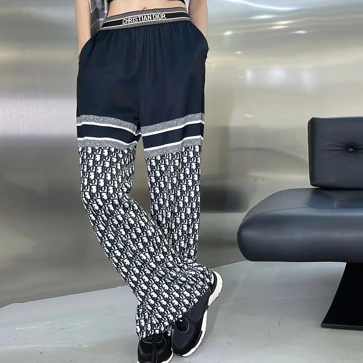 Spring and summer color contrast stitching wide leg pants